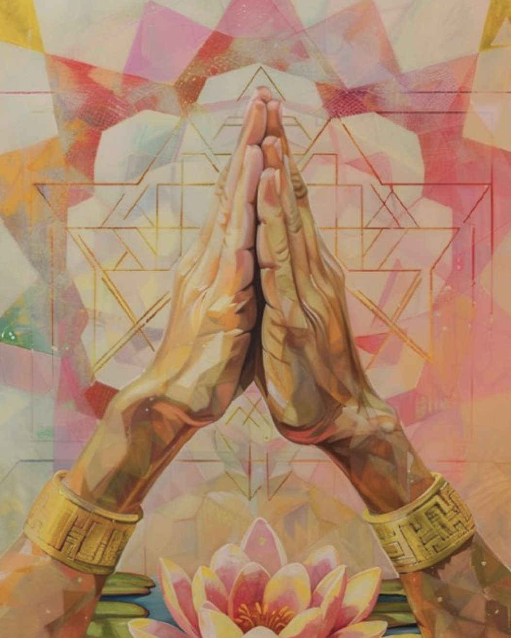 Prayer hands with Sri Yantra sacred geometry overlay and lotus flower